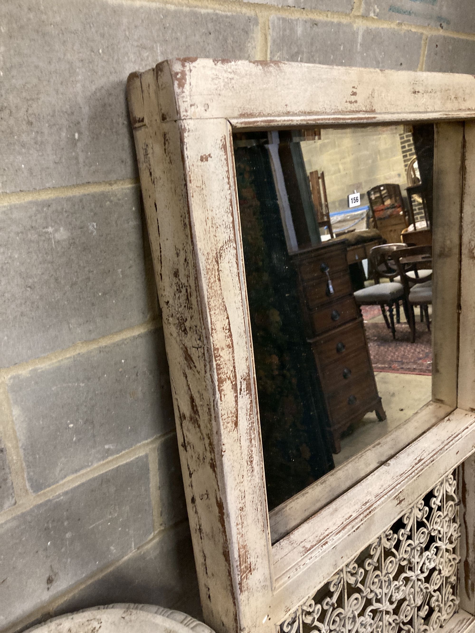 A French metal grill, painted wood wall mirror, width 91cm, height 152cm